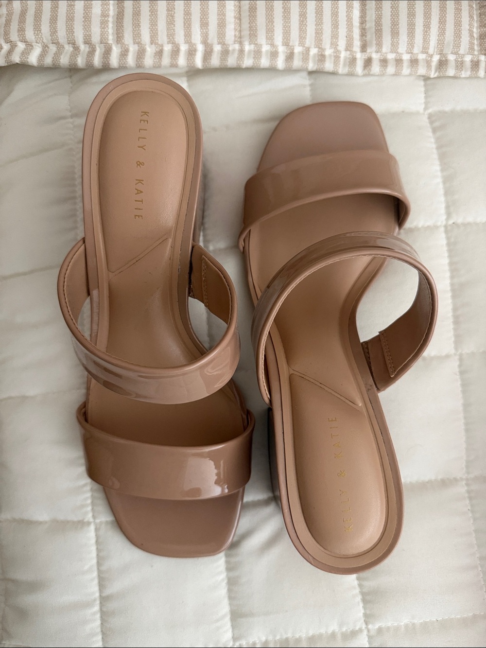 Like New Kelly & Katie Blush-Beige Patent Double-Strap Slide 2.5” Heel Mules